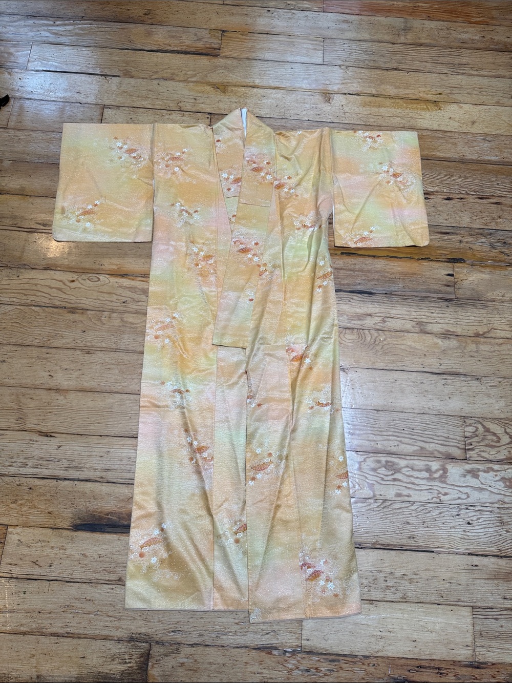 Hand made, hand stitched Never worn Pastel Peach Floral Kimono made in Japan